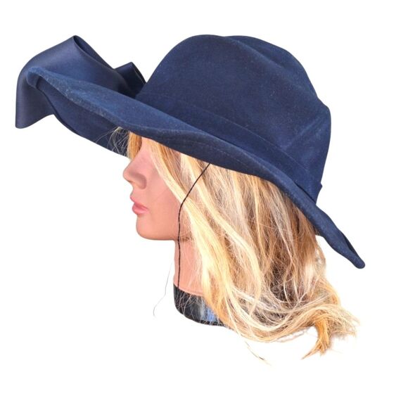 Vintage Mr. John Classic Wool Hat Wide Brim Satin Bow Navy Blue MCM Made in USA - Picture 4 of 13